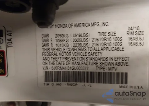 2016 Honda Cr-V Lx z USA, uszkodzony, nr VIN 5J6RM4H31GL065377